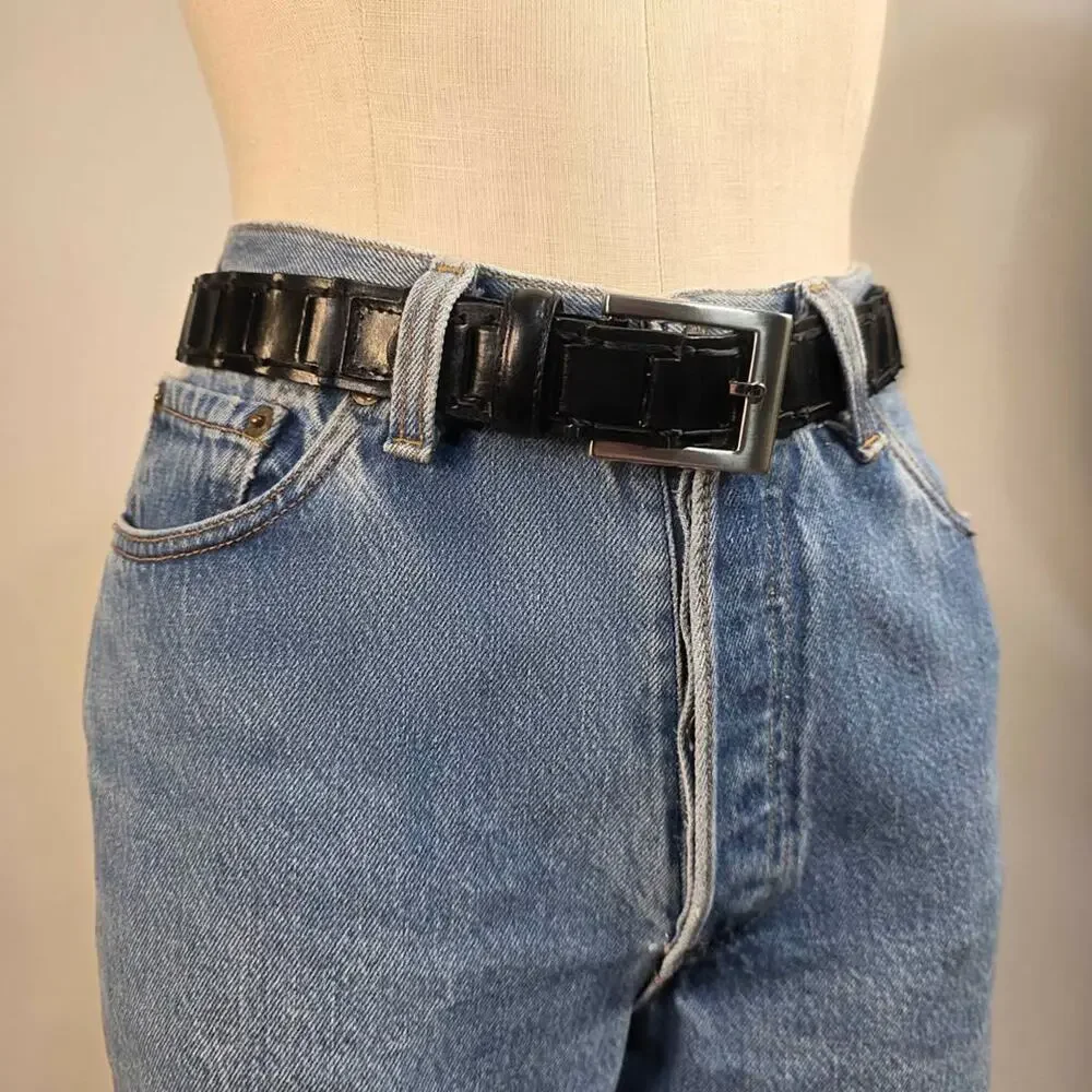 Vintage Woven Black Leather Belt Minimalist Old Money Small